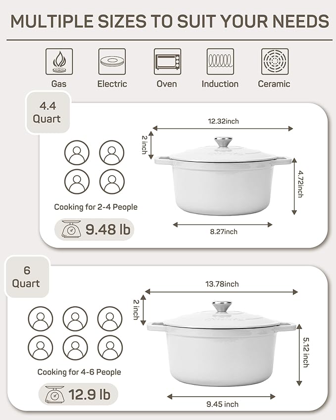 6 QT Dutch Oven Pot with Lid, Enameled Cast Iron Dutch Oven for Bread Making, Braiser, Cooking, Dual Handles, Oven Safe up to 500° F or on Stovetop, Gifts for Family - Off White