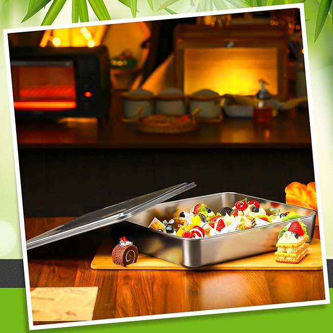 Tioncy 3 Set Stainless Steel Covered Cake Pan with Lid 11 x 9 Inches Rectangle Sheet Baking Pan with Covers Bakeware with Lids for Cakes Breads Casseroles Fish Vegetables and More