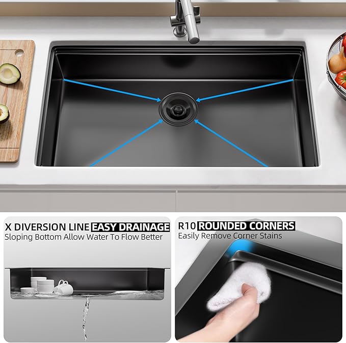 30 Inch Undermount Kitchen Sink Stainless Steel, 30x19 Undermount Workstation Sink Single Bowl Commercial 16 Gauge Stainless Steel Kitchen Sinks Black