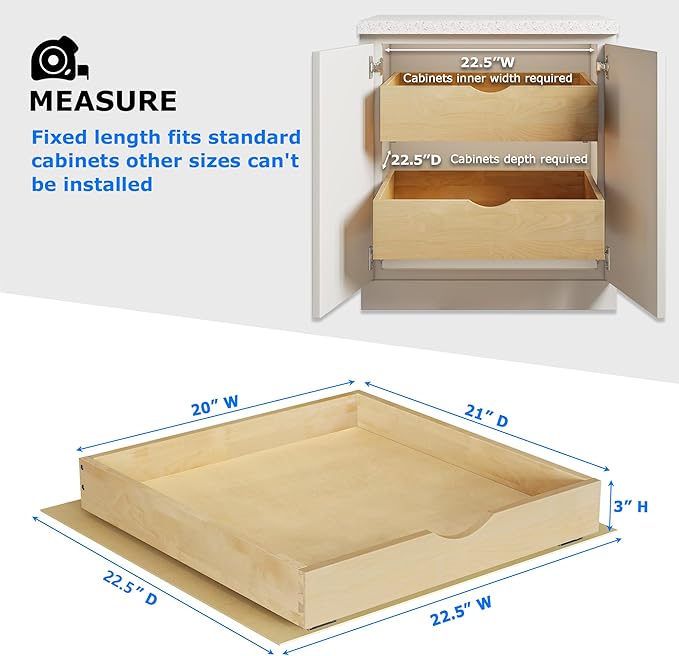 20" W x 22" D Pull Out Cabinet Organizer, Soft Close Pull Out Drawers for Kitchen Cabinets, Slide Out Drawers for Kitchen Cabinets