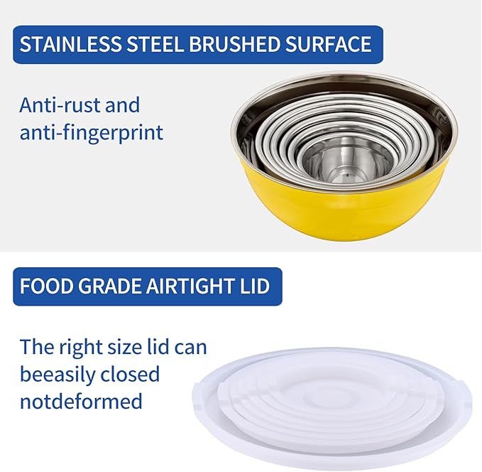 Yellow Mixing Bowls with Airtight Lids, Stainless Steel Nesting Mixing Bowls Set of 7, Ideal for Baking, Prepping and Serving Food, Size 7, 3.6, 2.7, 2.1, 1.5, 1.1,0.8 QT, Stackable Design