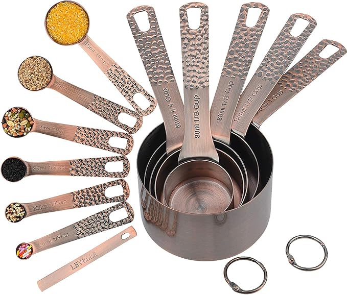 Measuring Cups and Spoons Set 12, Metric & US Copper Measuring Cups and Spoons set for Dry & Liquid, Stainless Steel 5 Measure Cup and 6 Measurf Spoon with 1 Leveler