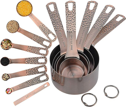 Measuring Cups and Spoons Set 12, Metric & US Copper Measuring Cups and Spoons set for Dry & Liquid, Stainless Steel 5 Measure Cup and 6 Measurf Spoon with 1 Leveler
