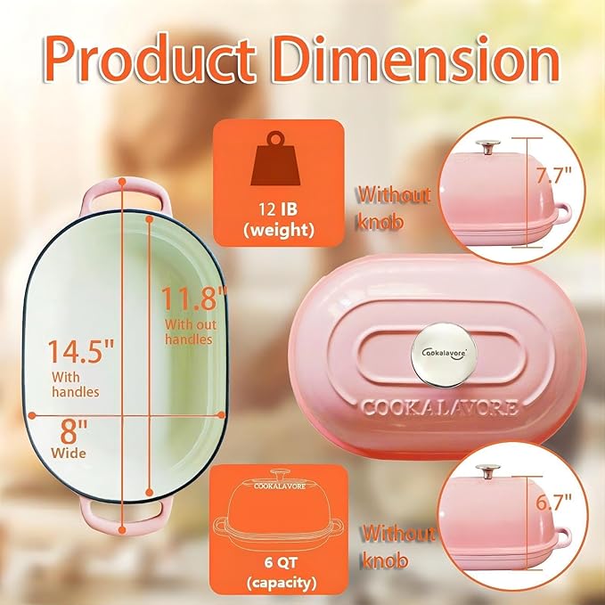 Cast Iron Bread Oven,6 QT Bread Oven,Thick Enameled Loaf Pan with Lid,Bread Pans for Homemade Bread,14.5"Dutch Oven for Bread Baking,Dutch Oven-with Silicone Baking Mat&Recipe,Gifts for Family,Pink