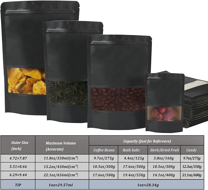 100 PCS Resealable Bags, Stand Up Kraft Paper Bags with Matte Window, Zipper Lock Food Storage Bags for Small Business and Home, 4.72 * 7.87 Inch Reusable Sealable Bags for Packaging -Black