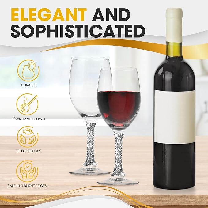 Premium Wine Glasses Set of 6 - Crystal Long Stem Wine Glass with Silver Rhinestone Stem Design - 12 oz