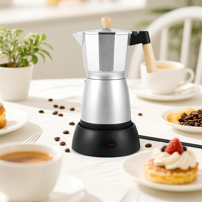 AOZBZ Moka Pot Electric Espresso Coffe Maker, 300ml 6 Cups Portable Coffee Pot with Overheat Protection and Detachable Base, Electric Espresso Maker, 450W, Silver