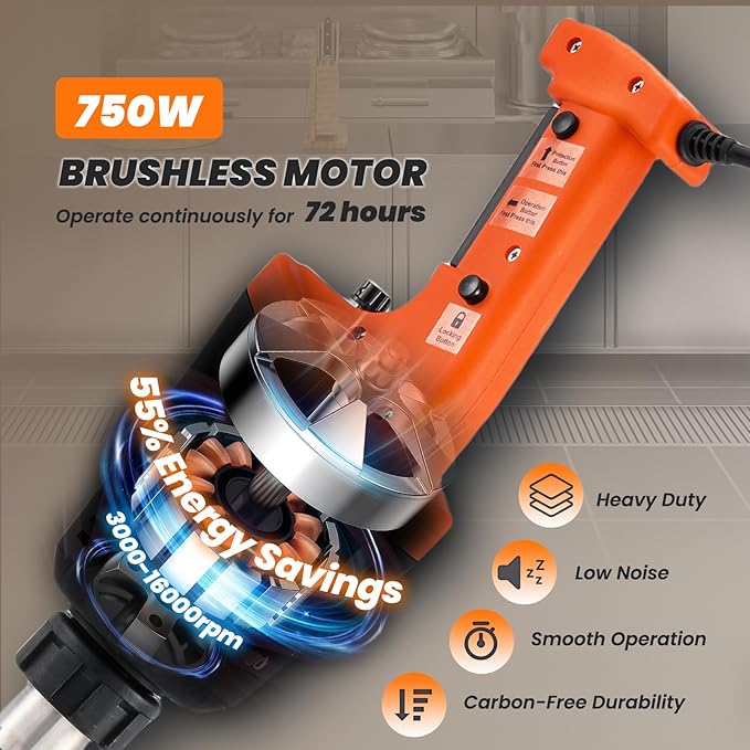 750W Commercial Immersion Blender Brushless DC Motor Hand Held Blenders Heavy Duty Variable Speed Mixer with 21 Inch Removable Shaft 50-Gallon Capacity Multifunction Pro