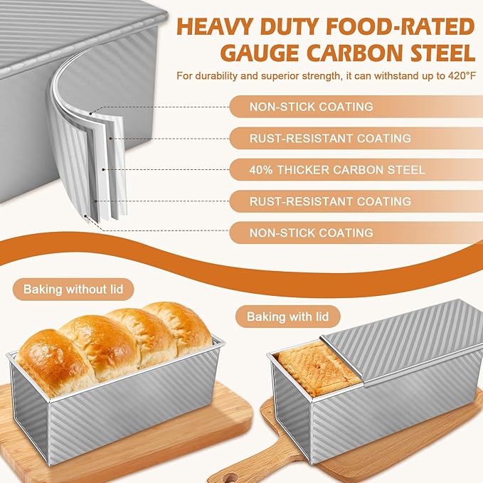 2.2lb Pullman Loaf Pan with Lid, Nonstick Carbon Steel Square Bread Pan for Baking Shokupan, Sandwich, Pain de Mie & Sourdough – Includes 6 Bonus Tools