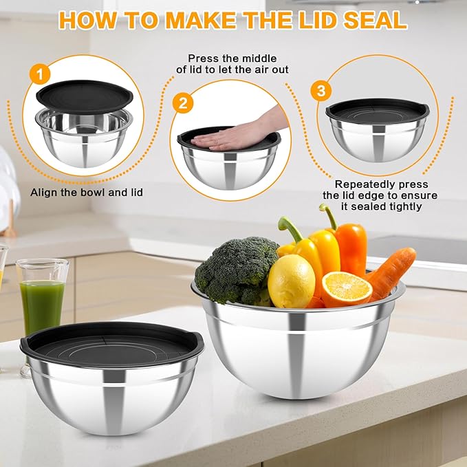 7 Piece Stainless Steel Mixing Bowls with Lids Set, Metal Mixing Bowls Nesting Design Salad Bowl for Kitchen Cooking, Baking, Prepping and Serving Food (Size 0.7, 1.1, 1.5, 2.1, 3.5, 4, 4.5QT)