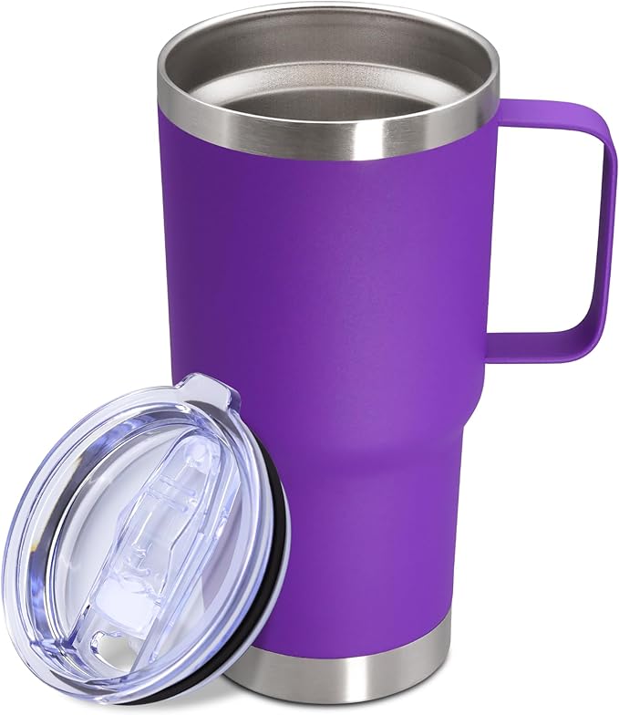 20 oz Tumbler with Handle and Lid, Stainless Steel Tumbler Insulated Travel Coffee Mug, Spill Proof Double Wall Vacuum Tumbler Cup Keep Drink Hot & Cold, Purple, 1 Pack