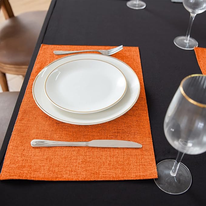 Linen Fabric Placemats Set of 4, Machine Washable, Heat Resistant, Wrinkle Free Thick Polyester Kitchen Place Mats for Dining Table (Orange)