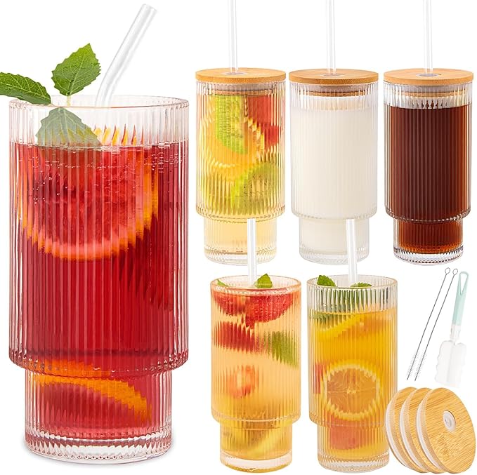 6 Pcs 16oz Ribbed Glass Cups With Bamboo Lids, Stackable, Suitable for Coffee, Juice, Cocktails, Beer
