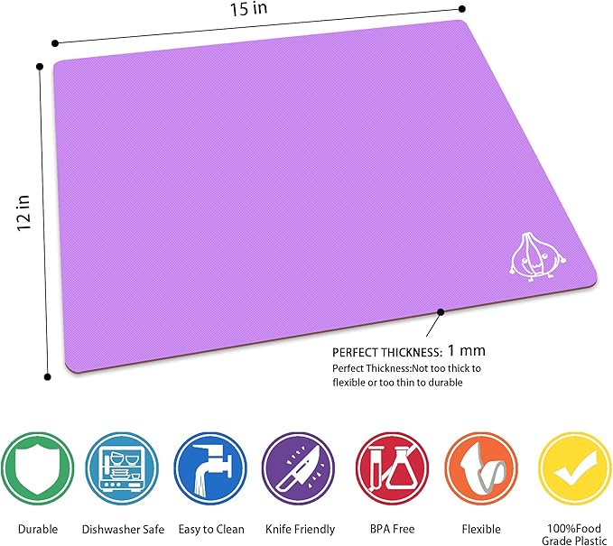ZVP Plastic Cutting Boards for Kitchen, Flexible Cutting Mats, Gradient Purple Chopping Boards with Food Icon, Non-Slip, Non Porous, BPA Free, Dishwasher Safe