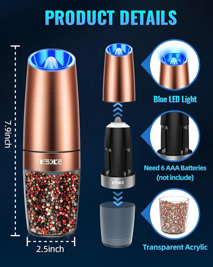 XinXu Gravity Electric Pepper/Salt Grinder, Salt or Pepper Mill, Adjustable Coarseness, Battery Powered with LED Light, One Hand Automatic Operation (Single/Copper)