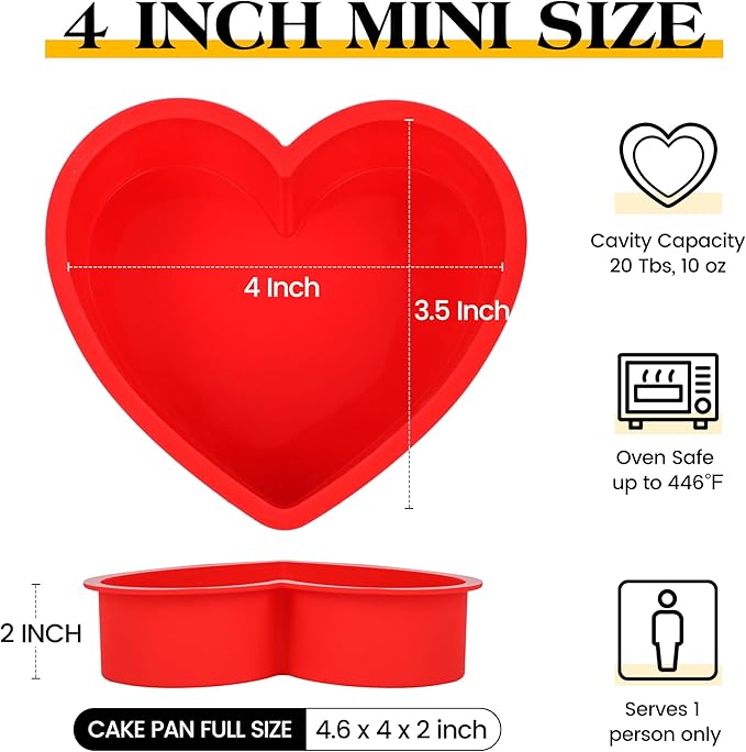 4 Inch Mini Heart Shaped Cake Pans Nonstick Silicone Heart Cake Molds for Baking Set of 2 (Red)