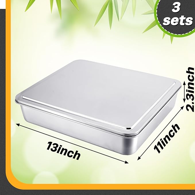 Tioncy 3 Set Stainless Steel Covered Cake Pan with Lid 11 x 9 Inches Rectangle Sheet Baking Pan with Covers Bakeware with Lids for Cakes Breads Casseroles Fish Vegetables and More