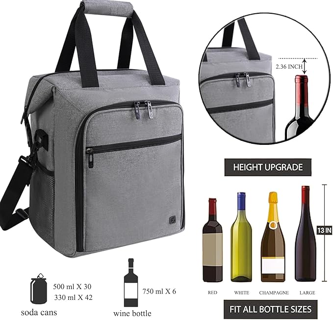 ALLCAMP 6 Bottle Wine Gift Bag - Insulated Tote Cooler, Adjustable Strap, Includes 6 Wine Glasses, Napkins & Corkscrew, Portable Travel Gifting(Gray)