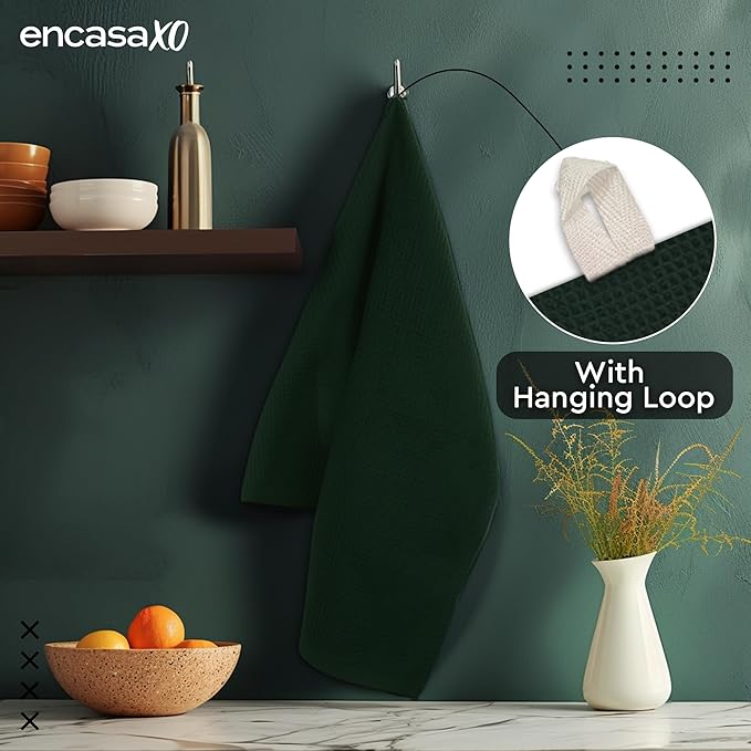 Encasa XO Kitchen Dish Towels Set | Dark Green | Waffle Weave and Flat Hand Tea Towel | 28"x18" | Quick Drying Reusable Cotton Washcloths | Multipurpose Lightweight Dishcloths Set of 4