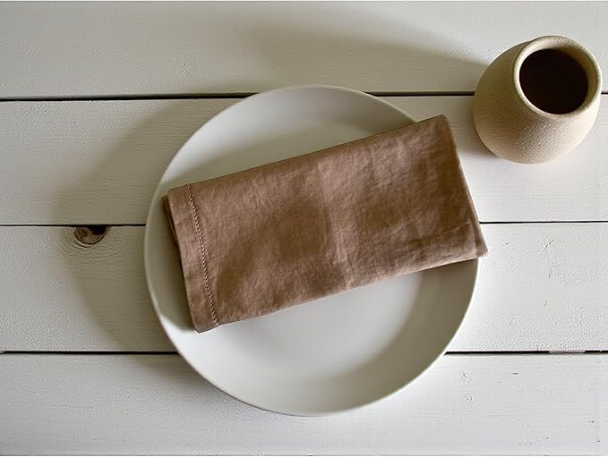 Hemstitched Linen Napkins – 20 Inch x 20 Inch – Stonewashed Pure Linen Cloth Dinner Napkins with Mitered Corners - 100% French Flax – Machine Washable - Set of 4 (Caramel)