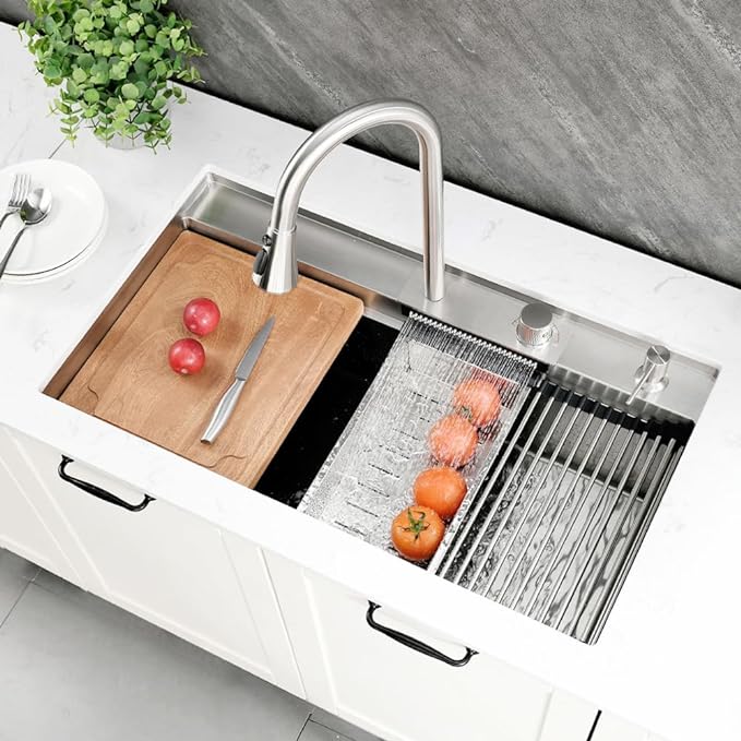 33 Inch Undermount Waterfall Kitchen Sink Workstation, 33x19 Undermount Kitchen Sink Stainless Steel Waterfall 16 Gauge Single Bowl Sinks and Faucet Combo