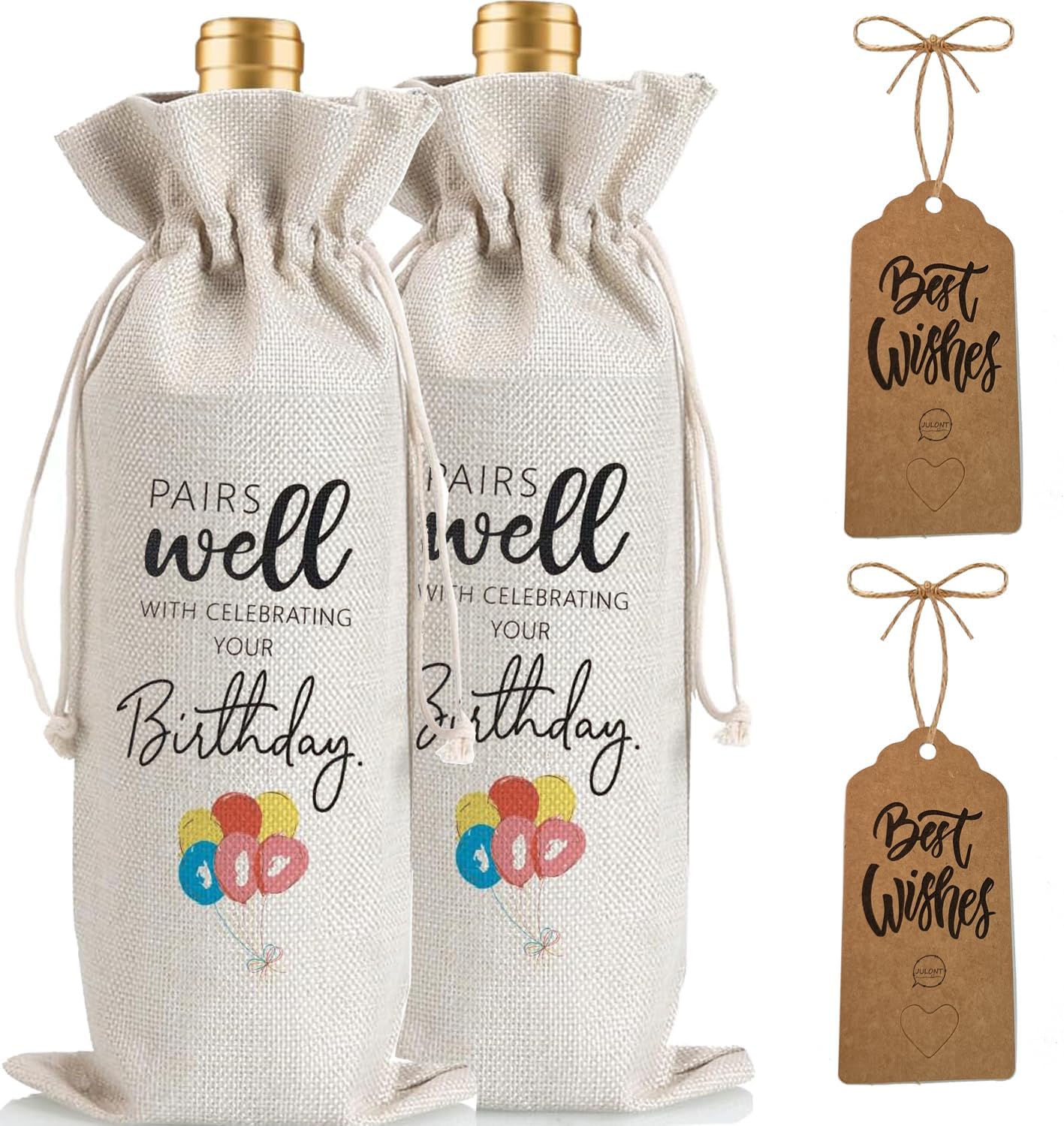 Julont 2Pcs Birthday Gift Ideas for Women & Men, Birthday Party Wine Bag Gift,Happy Birthdate decor, with 2Pcs Kraft Blessing Cards and natural jute rope