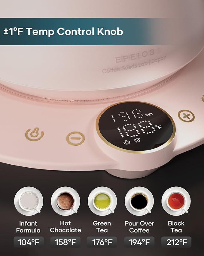 Gooseneck Electric Kettle with ±1℉ Temperature Control for Pour Over Coffee & Tea, Quick Heating, BPA-Free Stainless Steel, Built-in Brew Timer, 1500W/0.9L (Petal Pink)