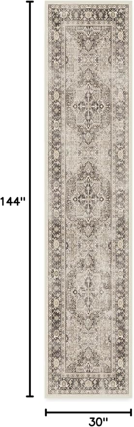 RUGGABLE Washable Vintage Runner Rug – Kamran Hazel 2.5x12, Stain-Resistant, Non-Slip Hallway Runner with Standard Pad – Machine Washable Rug for Hallway, Entryway, Living Room & Kitchen