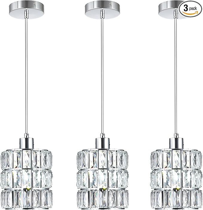 3 Pack Chrome Crystal Pendant Light, Mini Pendant Lights for Kitchen Island with Crystal Plate Metal Shade, Modern Concise Pendant Silver Fixture for Foyer Hallway, Dining Room
