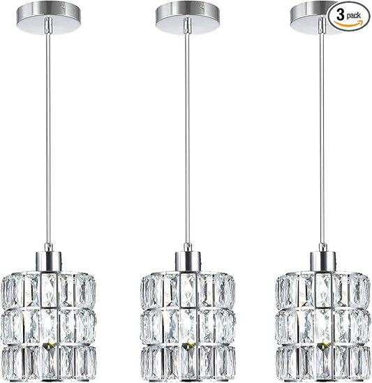 3 Pack Chrome Crystal Pendant Light, Mini Pendant Lights for Kitchen Island with Crystal Plate Metal Shade, Modern Concise Pendant Silver Fixture for Foyer Hallway, Dining Room