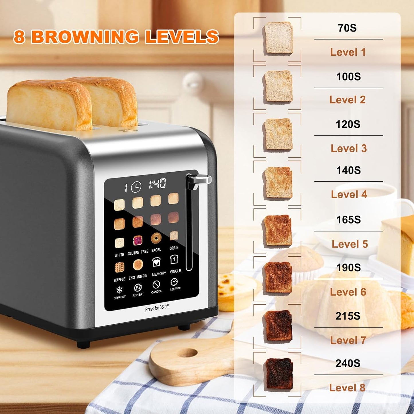2 Slice Toaster Touch Screen, Stainless Steel Toasters Digital Timer 2 Slot Toasters, 8 Shade Settings 6 Bread Types for Bagel, Cancel, Defrost (Grey）