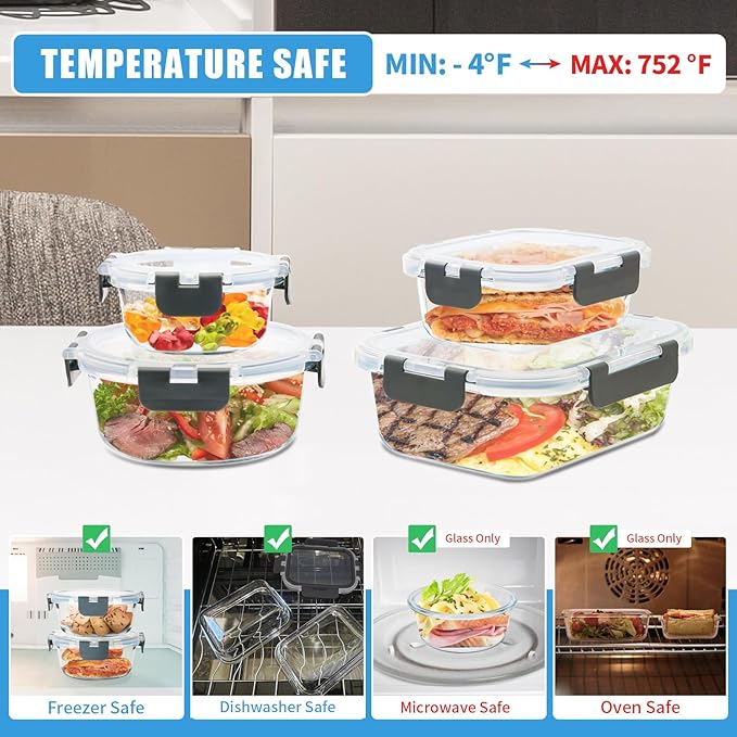 12 Pack Glass Food Storage Containers with Airtight Lids for Meal Prep, Leftover, BPA-Free, Leak-Proof, Freezer to Microwave Safe (12 Lids & 12 Containers)