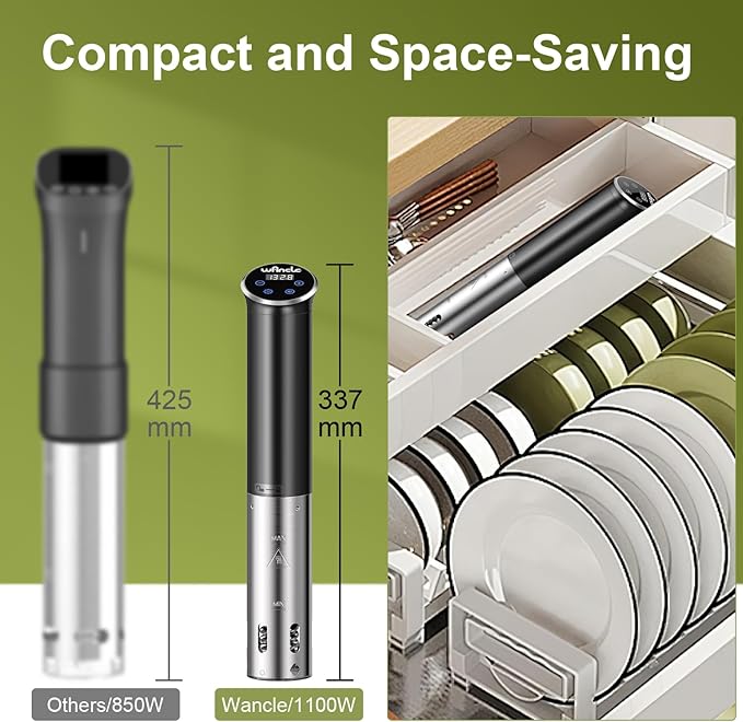 Sous Vide, Wancle 1100W Immersion Circulator, IPX7 Sous Vide Cooker, Small Space-Saving Design, Sous Vide Machines with Accurate Temperature Control, Black, 120V