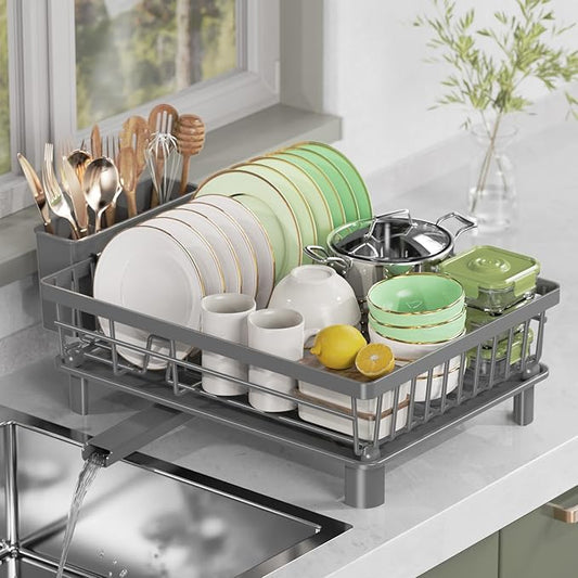 Dish Drying Rack, Stainless Steel Drainer Rack with Drainboard with Smart Drainage System, Space Saving Dish Strainer for Kitchen Counter with Cutlery Holder, Grey