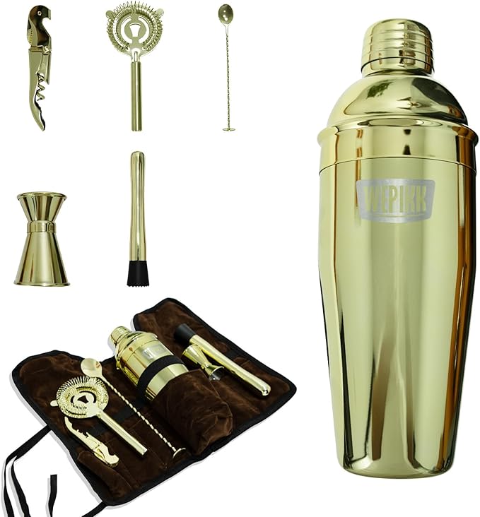 Stainless Steel Cocktail Shaker Set, 24oz/750ml Bartender Kit Includes Strainer and Stir Stick for Home, Bar, Party, Bar Accessories for The Home Bar Set (Gold)