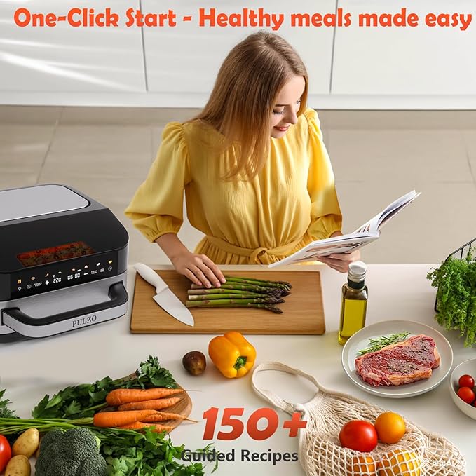 PULZO 7.4 Qt Large Air Fryer, 13IN Large Pizza Airfryer, 12-IN-1Smart Digital Fryer with Basket, 166° Viewing Window, 8 Airfryer Presets, Roast, Bake, Broil, Reheat, Dehydrate, Automatic Shutdown