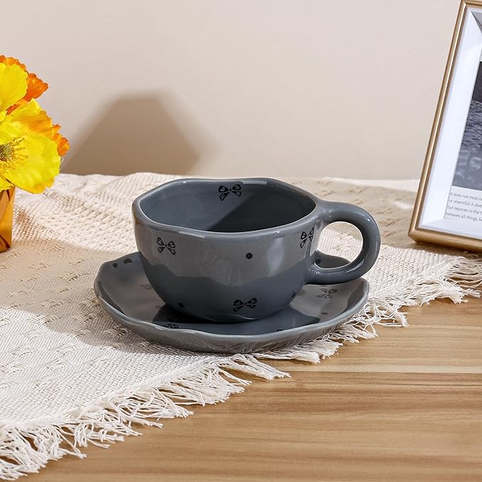 Koythin Ceramic Coffee Mug with Saucers, Handmade Flowers Mugs, Cute Cup for Girl Women, Aesthetic Tea Milk Cup with Handle, 8.5 oz/250 ml for Latte, Cocoa, Office, Home (Grey Small Bow)