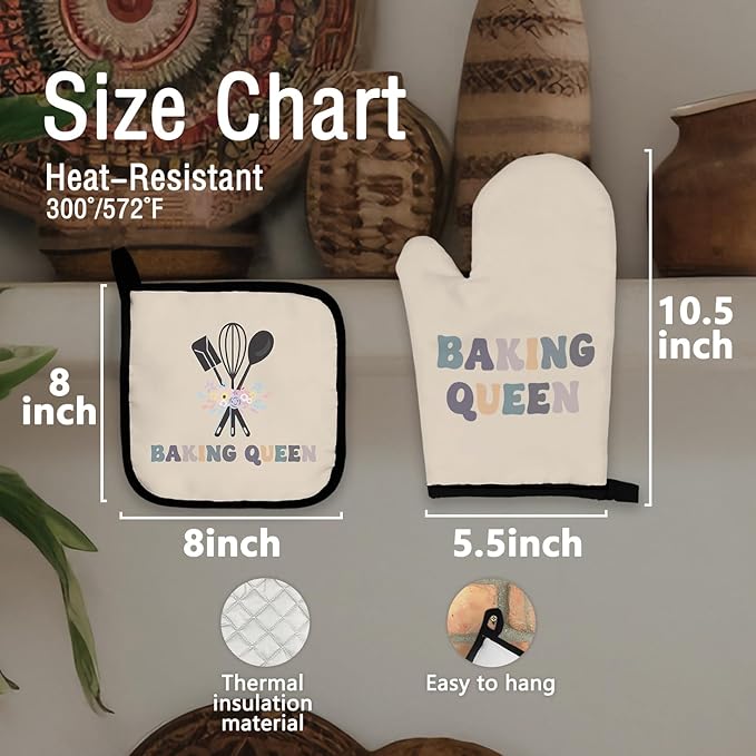 Baking Queen Oven Mitts and Pot Holders Sets, Baker Mittens, Gifts for Women, Beige Floral Kitchen Decor, Lover Gloves