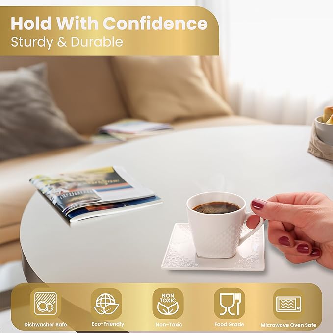 Turkish Coffee Cup Set of 6, Espresso Cups With Saucer 3 oz / 90 ml, Small, White, Modern with Embossed Pattern for Coffee, Expresso, Tazas de Cafe Bonitas Set Modernas, Elegantes