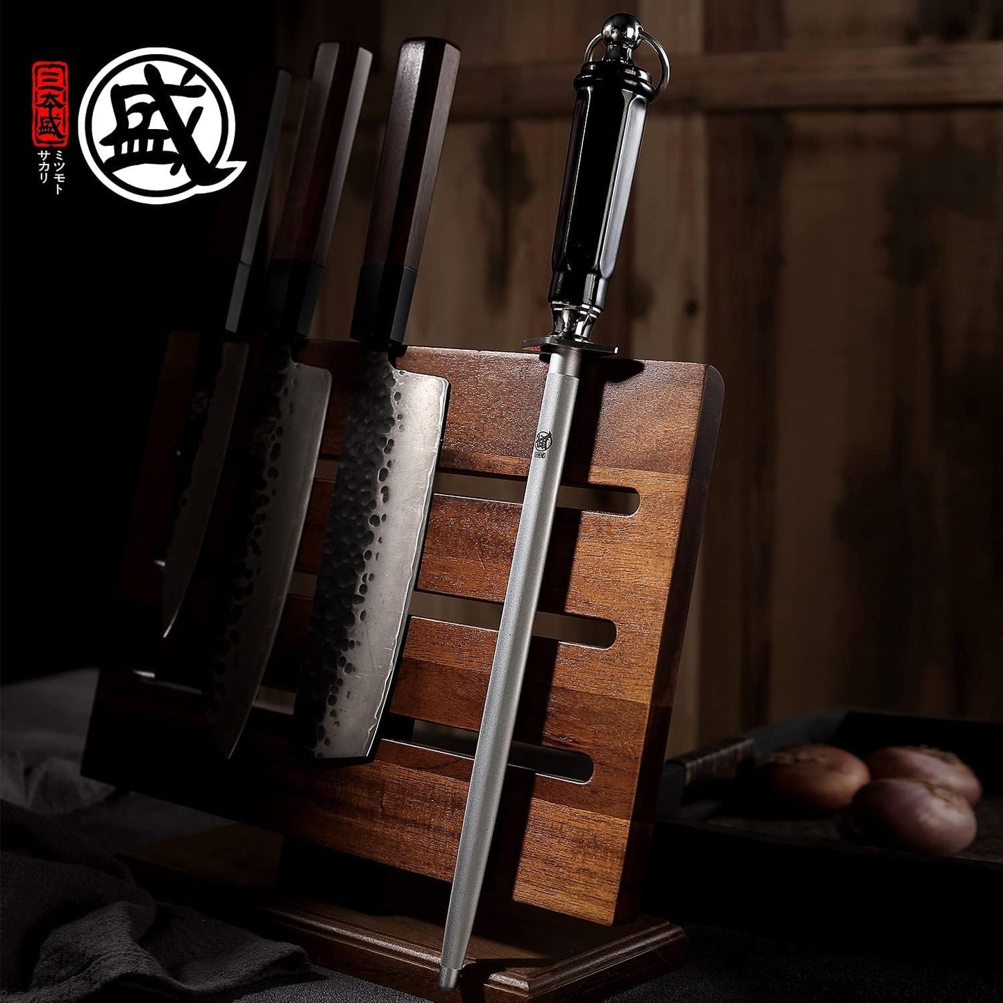 MITSUMOTO SAKARI 12 inch Japanese Honing Steel - Flat Diamond Knife Sharpening Rod, Professional High Carbon Sharpener with ABS Handle & Powerful Magnet