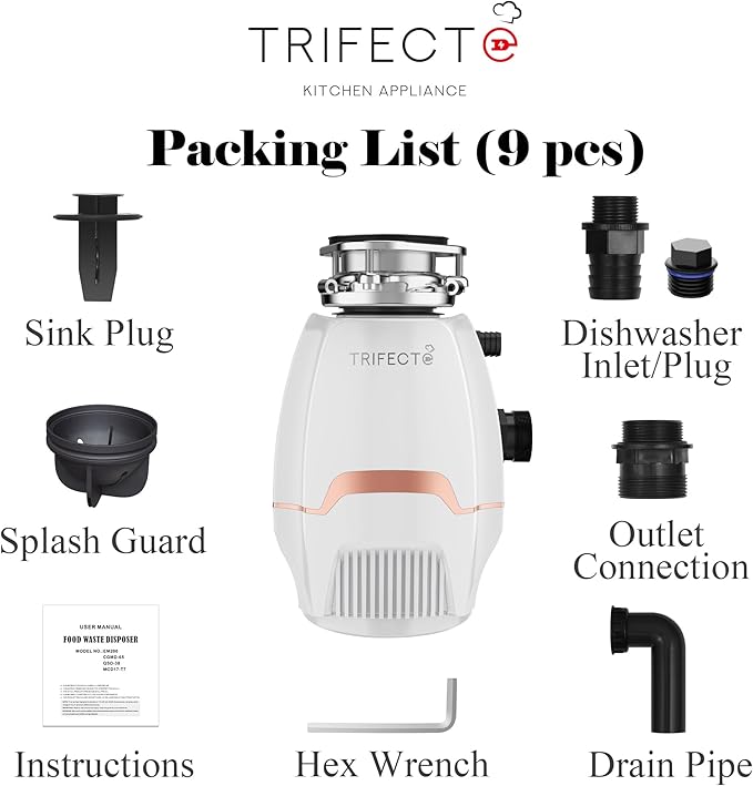 Trifecte Pro 3/4 HP Garbage Disposals with Sound Reduction,Food Waste Coutinuous Feed Garbage Disposal with Power Cord, Dishwasher Hook Up,3800RPM,White
