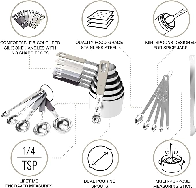 22-Piece Stainless Steel Measuring Cups and Spoons Set, Tad Dash Pinch Smidgen Drop Mini Measuring Spoons, Measuring Stick Leveler, Measurement Conversion Chart Fridge Magnet, (Charcoal)