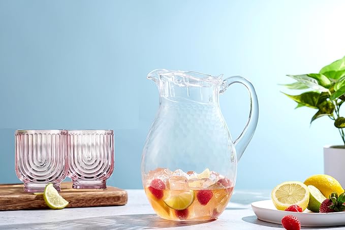 Glaver's Double Old Fashioned Rock Glasses, Set of 4 Blush Pink Whiskey Glasses, 11 oz Art Deco U-Shape Design Embossed Everyday Home Bar Glassware.