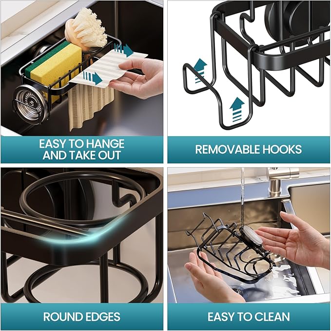 TAILI 4-in-1 Rustproof Sink Caddy & Sponge Holder with Removable Strong Suction Cup for Kitchen Sink - Black