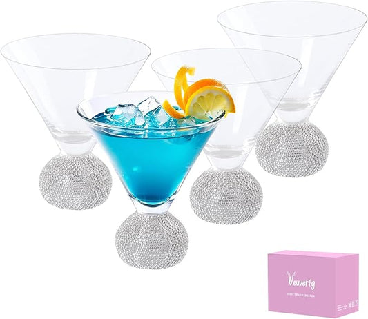 Martini Glasses Set of 4,Stemless Margarita Glasses,Unbreakable Crystal Fancy Cocktail Glasses,10 Oz Bar Glass,for Party,Birthday,Manhattan, Cosmopolitan, Home Bargifts Women (Silver Clear)