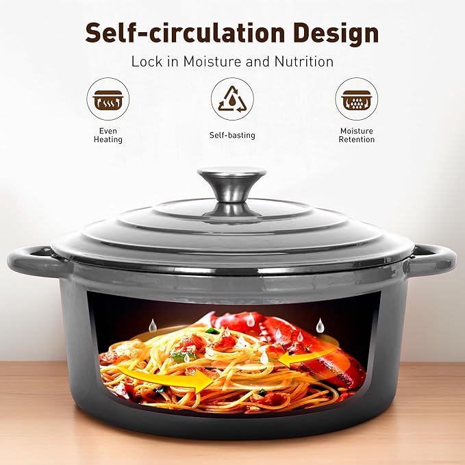 DishDelight Enameled Cast Iron Cookware Set, 7 Piece Set of Dutch Ovens, Sauce Pan, Skillet, 3 Lids, Ceramic Coated Cast Iron Dutch Oven Set, Round Dutch Oven Pot for Sourdough Bread Baking, Gray