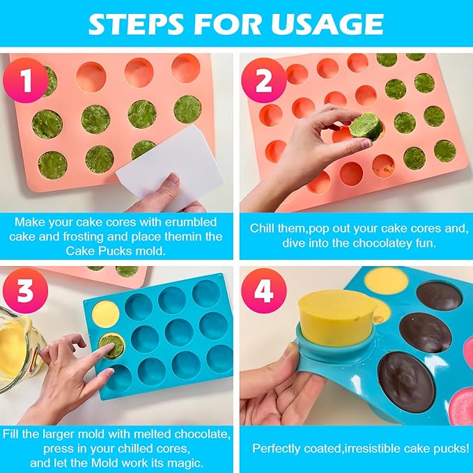 Cake Puck Mold Set,SAGOOITS 2 Different Sizes Chocolate Covered Cake Silicone Molds, 24-Cavity and 12-Cavity Round Cake Pop Molds with 2 Spatulas for DIY Cake Cores, Chocolate Desserts,Cakepucks