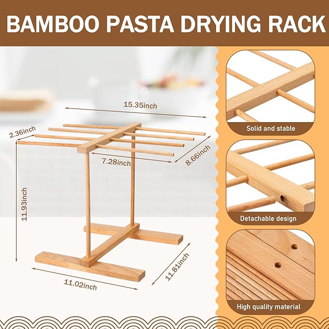 Baderke 9 Pcs Pasta Making Tool Set Include 1 Bamboo Drying Rack 1 Ravioli Press 1 Gnocchi Board 1 Cutter 1 Rolling Pin 1 Filling Spoon 3 Ravioli Stamp for Pasta Maker