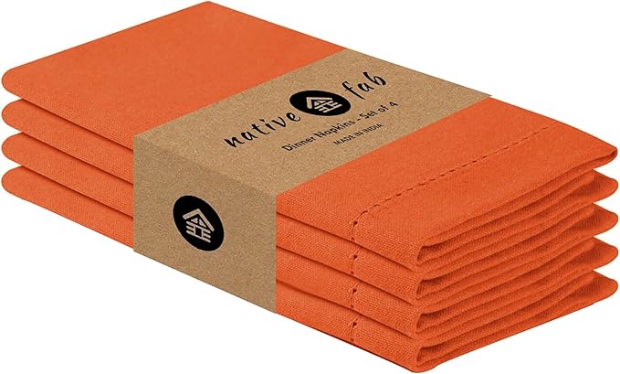 Native Fab Cloth Napkins, Set of 4, 100% Cotton, Hemstitch Mitered Corners, 18 x 18 inch, Soft, Washable, Absorbent, Reusable, Hotel Linen Quality - Events,Wedding, Party, Dinner Napkins - Orange