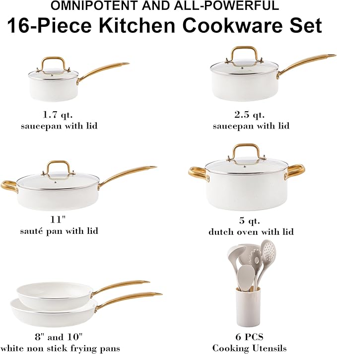 Ceramic Cookware Set, VONIKI 16 Pcs Pots and Pans Set Non Stick, Kitchen Cookware Sets with Cooking Utensils Set, Non Toxic Cookware Set White Gold Pan Set for Cooking Pot Oven & Dishwasher Safe, Gift